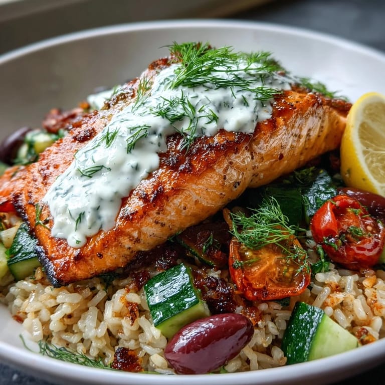 This Crispy Rice Salmon Bowl features flaky salmon, crunchy rice, and colorful Mediterranean veggies for a fresh meal.