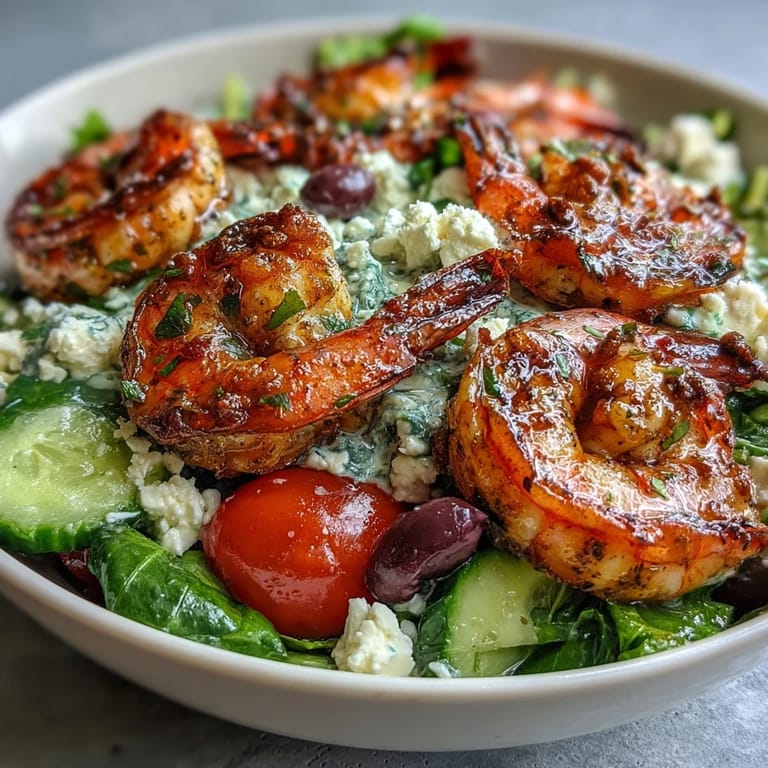 Vibrant Greek Shrimp Bowl featuring charred shrimp, crumbled feta, crisp veggies, and a bright lemon-olive oil dressing for a fresh summer meal.  