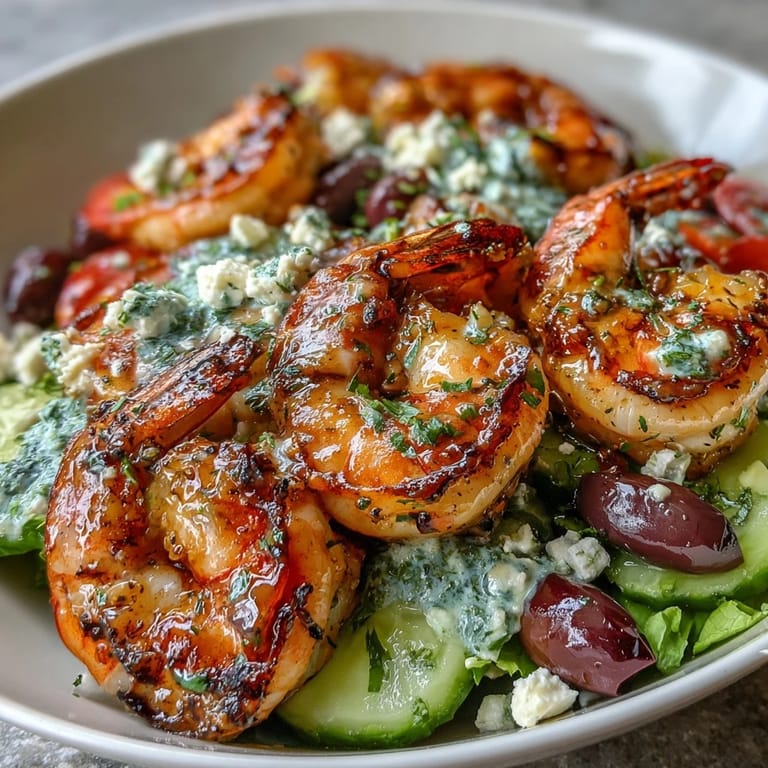 A colorful Greek Shrimp Bowl with plump grilled shrimp, ripe tomatoes, and briny olives, served ready to enjoy for a quick, healthy dinner.