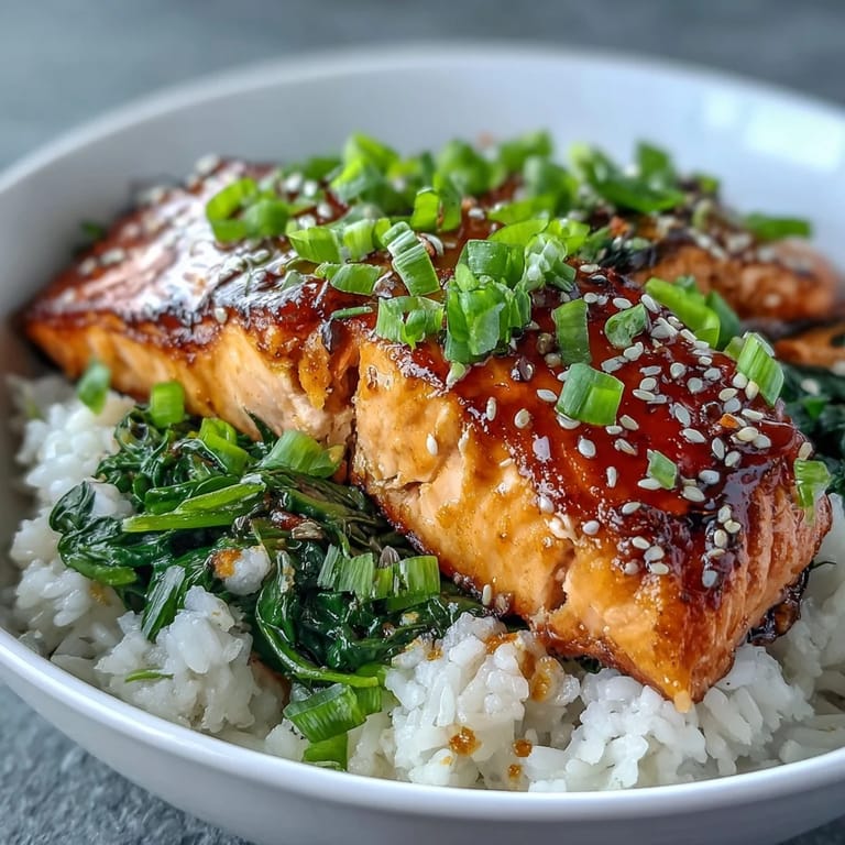 Savory Miso Glazed Salmon Bowl ready to serve, garnished with green onions and sesame seeds next to fresh lime wedges.