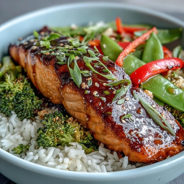 Flaky teriyaki salmon fillet rests on fluffy jasmine rice, garnished with sesame seeds and fresh green onions for serving.