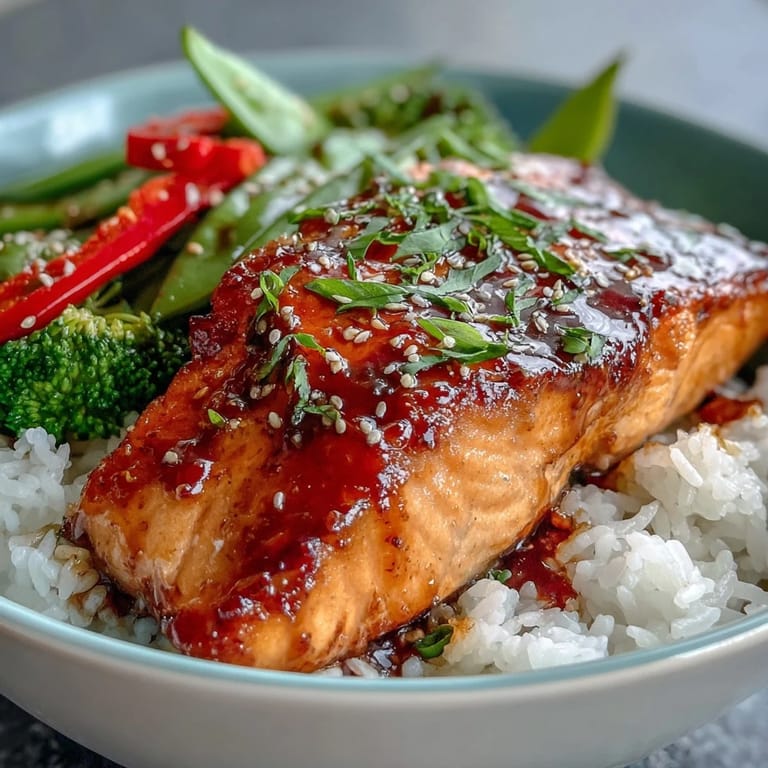 Colorful stir-fry vegetables and savory-sweet teriyaki salmon combine over warm rice in this easy Japanese-inspired dinner bowl.