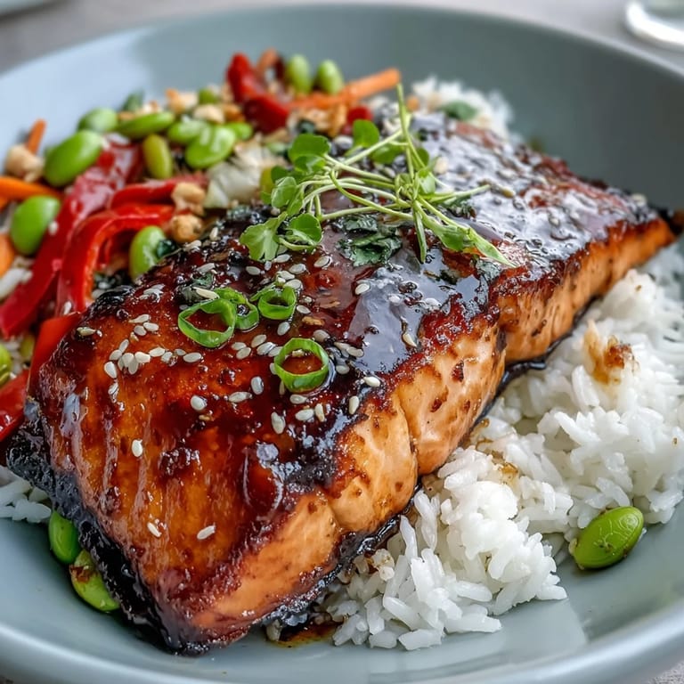 Generously portioned soy ginger salmon bowl, layered with colorful stir-fried vegetables and sesame seeds.