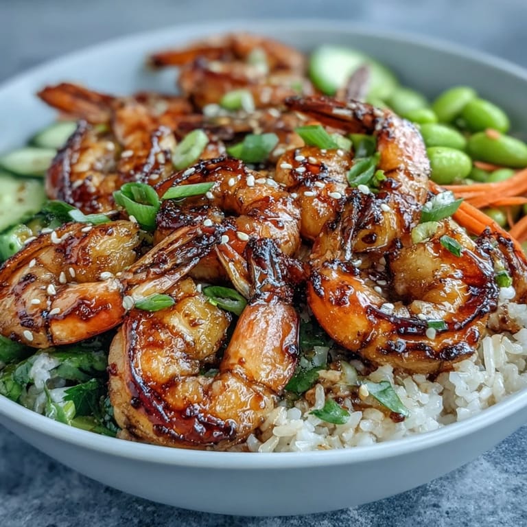 Colorful edamame, carrots, and cucumber surround juicy shrimp in a healthy serving of this Asian Shrimp Bowl.