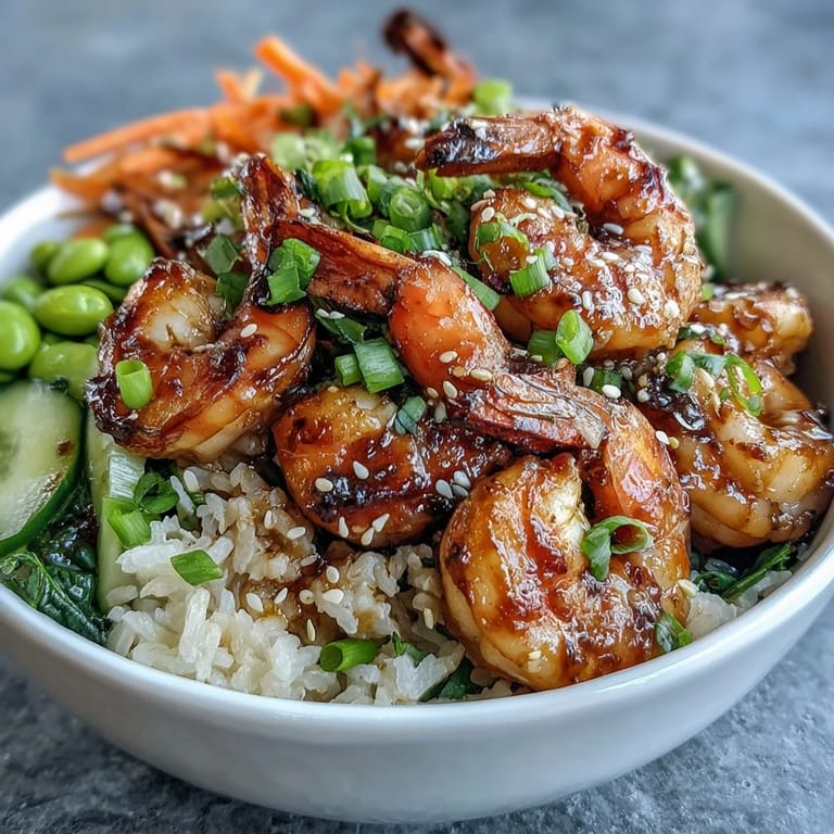 Bright ginger-sesame dressing is drizzled over the vibrant Asian Shrimp Bowl, garnished with sesame seeds and scallions.
