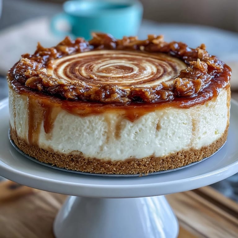 A chilled slice of Easy Guava Swirl Cheesecake sits on a white plate with fresh mint and a steaming cup of tropical tea.