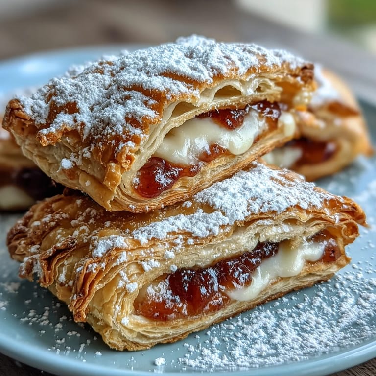 Close-up of a golden-brown Guava Cheese Pastries square split open to reveal vibrant guava paste and creamy cheese center.