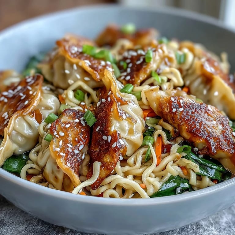 Hearty Potsticker Noodle Bowls garnished with sesame seeds, served hot with chopsticks, perfect for an easy Asian fusion meal.