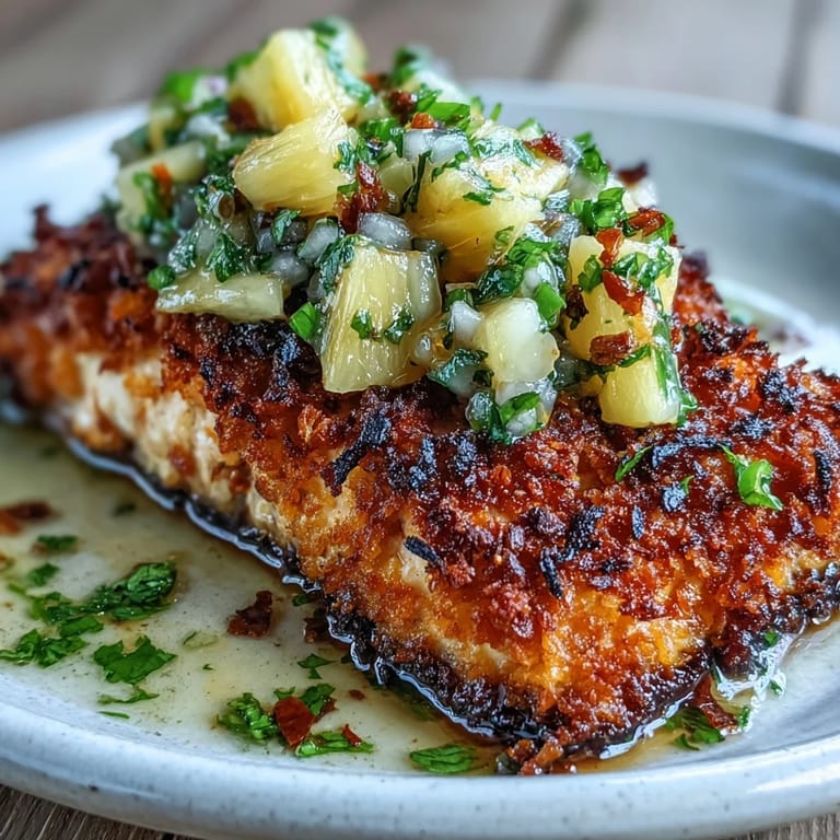 Close-up of golden Coconut Crusted Salmon with Pineapple Salsa showing flaky fish and toasted coconut.