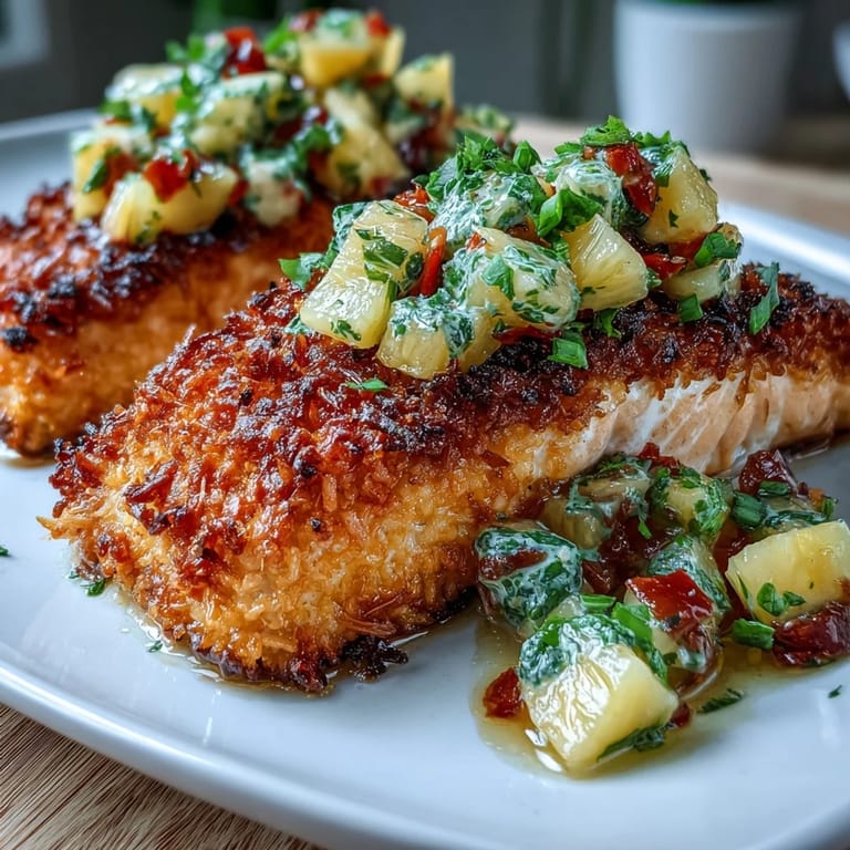Overhead view of Coconut Crusted Salmon with Pineapple Salsa paired with a fresh green salad.