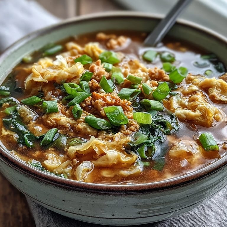 Homemade Cozy One-Pot Egg Roll Soup with ground pork, shredded cabbage, and carrots in a rustic bowl.