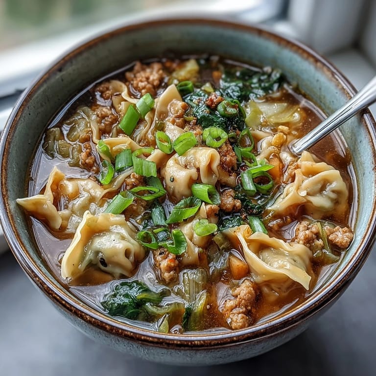 Easy weeknight Cozy One-Pot Egg Roll Soup garnished with sliced green onions and a drizzle of sriracha.