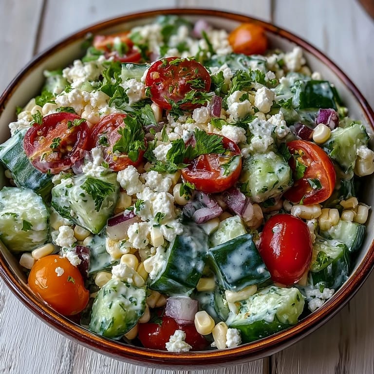 A vibrant mix of sweet corn kernels, diced cucumbers, and red onion tossed in creamy dressing.