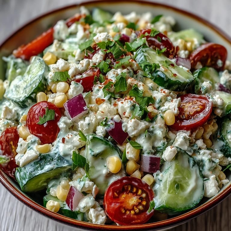 Freshly prepared Street Corn Creamy Cucumber Salad served as a zesty summer appetizer or side dish.