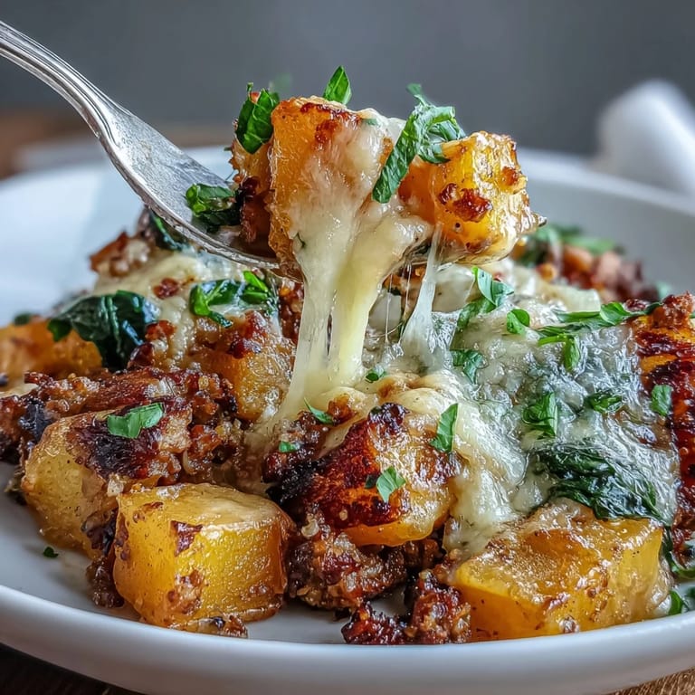 Steam rises from a hearty helping of Cozy Butternut Squash & Sausage Casserole, revealing tender squash cubes and savory sausage crumbles.