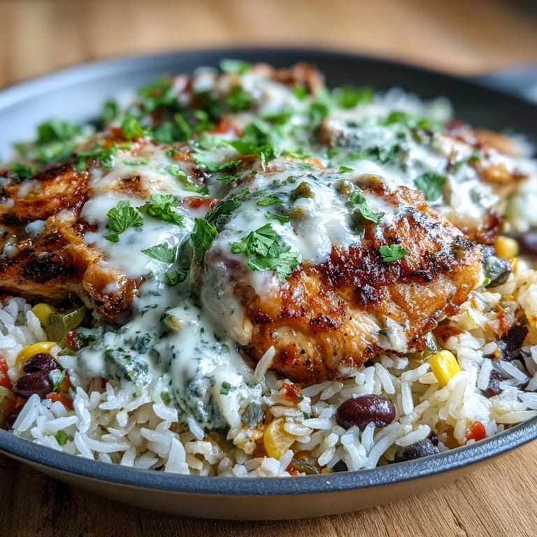 Spiced chicken thighs sit atop yellow rice with black beans and corn, smothered in creamy white queso and fresh cilantro.