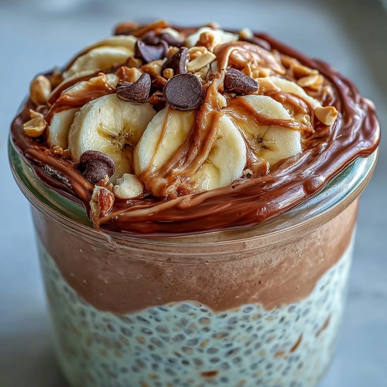 Glass jar featuring Chunky Monkey Overnight Chia Pudding with chocolate layers, ripe bananas, and chopped peanut topping.