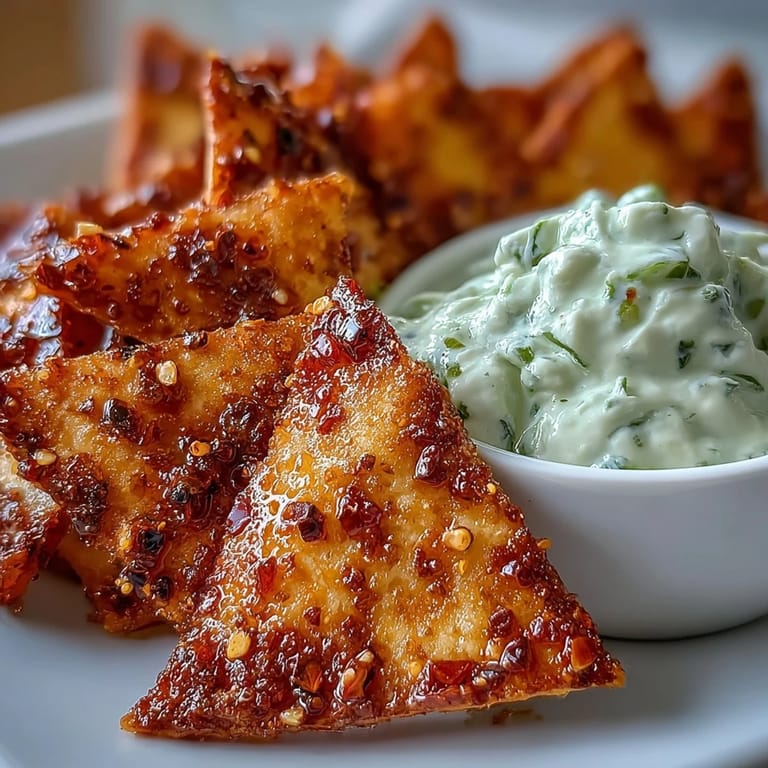 Freshly baked Spicy Chili Crisp Garlic Naan Chips & Dip, featuring crunchy garlic naan pieces and a cool, tangy cucumber yogurt dip for dipping.