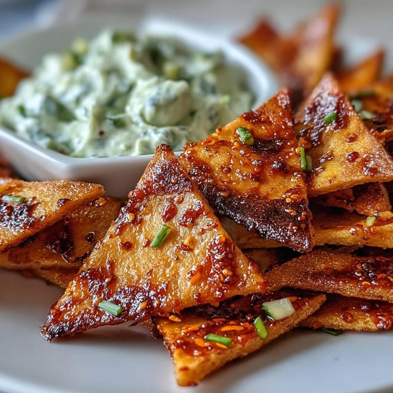 A top-down view of spicy chili crisp garlic naan chips and creamy cucumber dip, perfect for sharing at parties with refreshing white wine or beer.