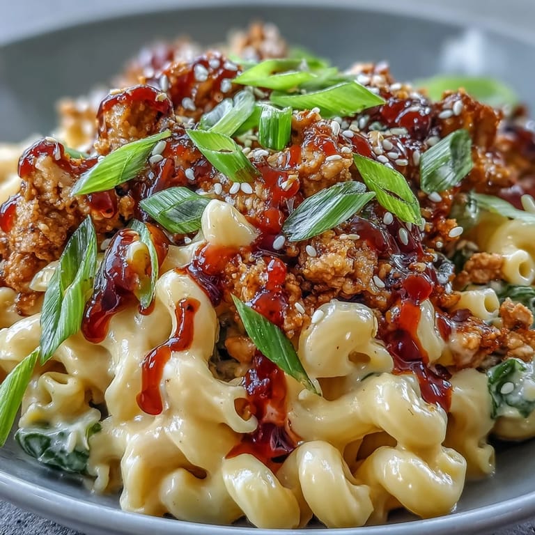 Korean-Style Turkey Mac & Cheese served in a rustic dish, fork-ready with vibrant sliced scallions.