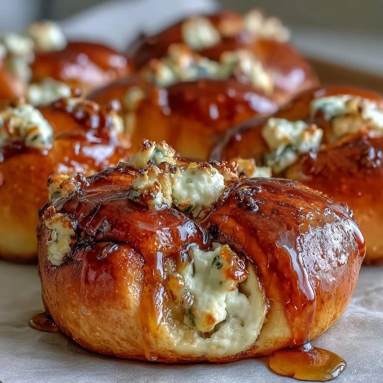 A close-up shows Hot Honey Ricotta Stuffed Garlic Knots drizzled with spicy-sweet glaze and flecked with fresh parsley.