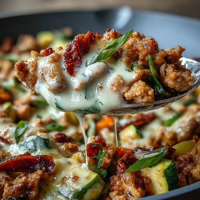 Close-up of Creamy Ranch Turkey & Veggie Skillet showing sautéed vegetables and ground turkey coated in creamy sauce, ready to be served over rice.