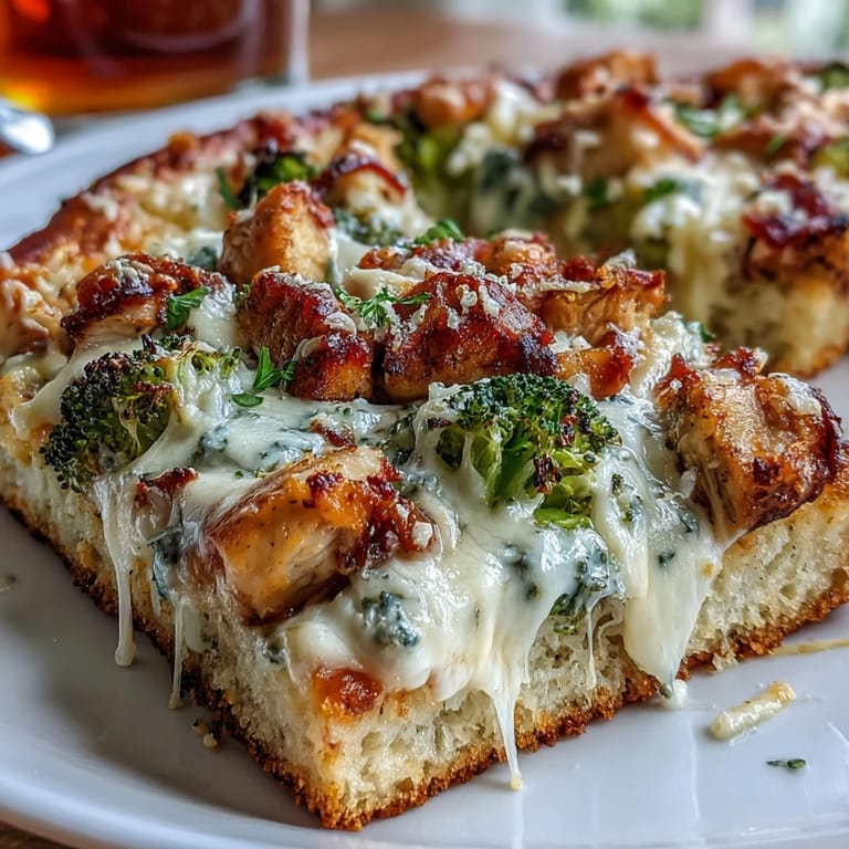 A close-up slice of Garlic Parmesan Chicken & Broccoli Pizza reveals creamy white sauce and tender chicken pieces.