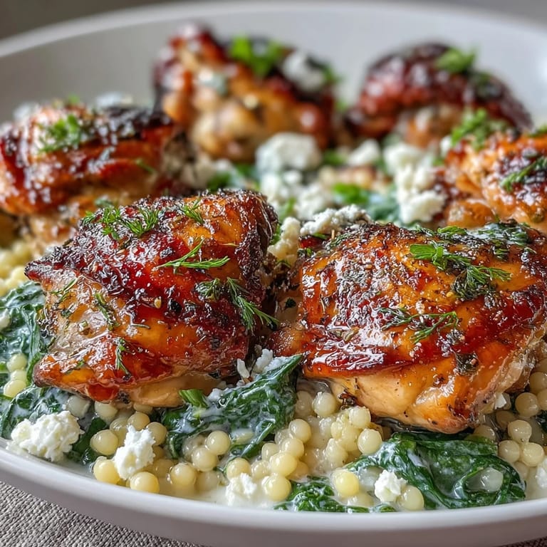 Garnished with fresh dill and lemon wedges, the Creamy Greek Chicken & Pearl Couscous Bake sits ready for a Mediterranean dinner.