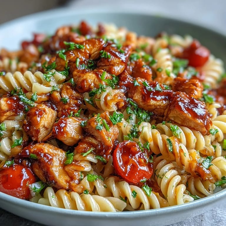 Serving of Honey BBQ Chicken Pasta Salad with parsley garnish, ready for a summer potluck or picnic.