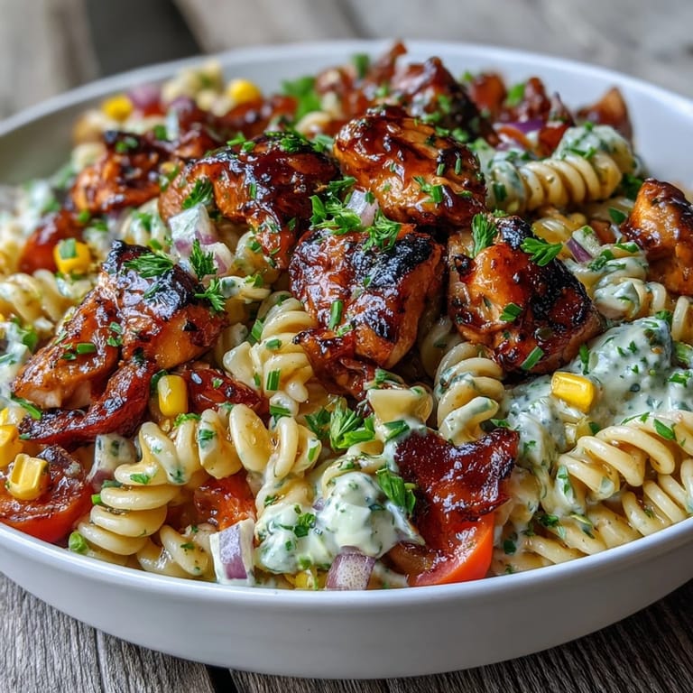 Stainless bowl overflowing with Honey BBQ Chicken Pasta Salad, featuring tender glazed chicken, diced red bell pepper, and celery mixed into creamy dressing for a potluck-ready side.