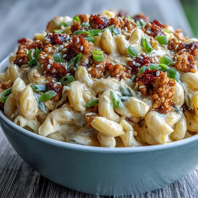 A close-up shows a bowl of Korean-Style Turkey Mac & Cheese with melted cheddar and a drizzle of sesame oil.