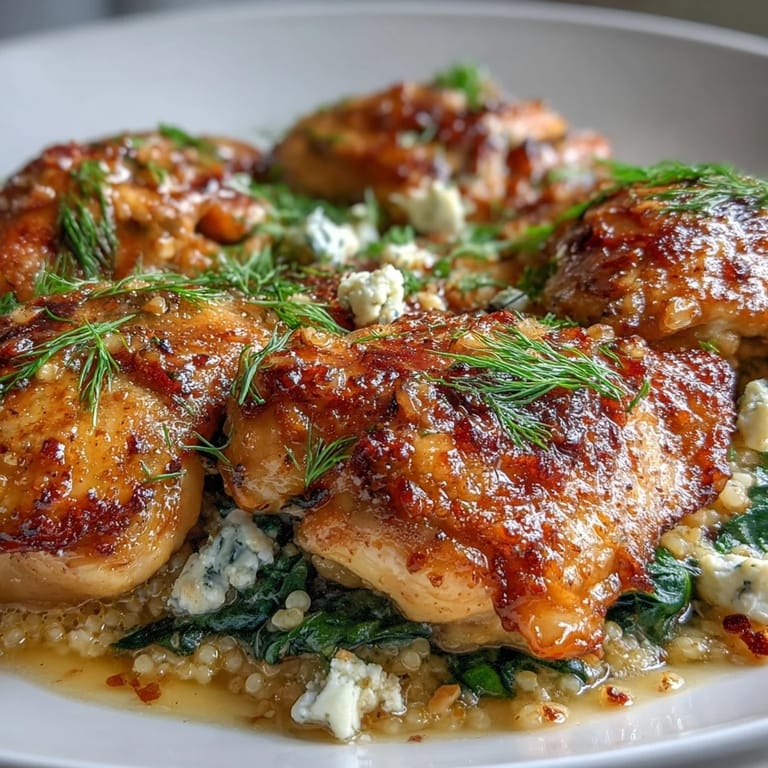 In a white ovenproof skillet, the Creamy Greek Chicken & Pearl Couscous Bake features tender chicken, pearl couscous, and wilted spinach.