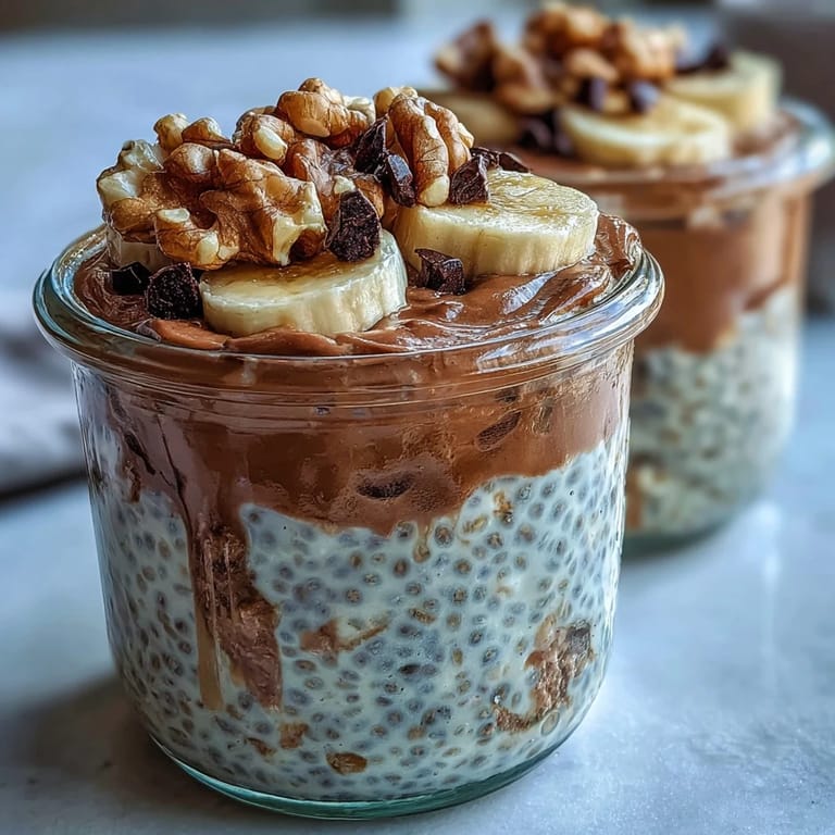 Visually appealing Chunky Monkey Overnight Chia Pudding topped with dark chocolate chips and chopped walnuts, served chilled.