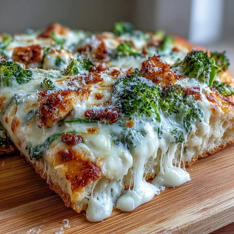 Fresh parsley garnishes a hot Garlic Parmesan Chicken & Broccoli Pizza on a wooden cutting board.