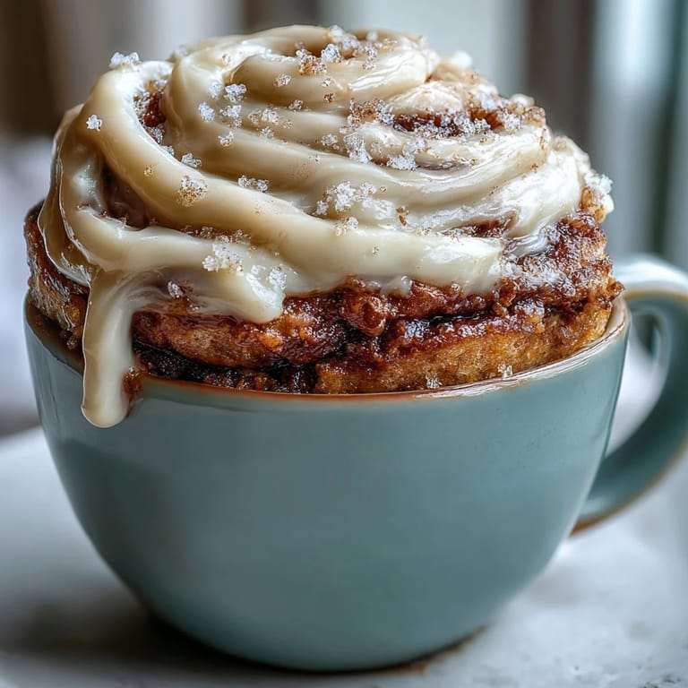 Steaming High-Protein Cinnamon Roll Mug Cake topped with rich cream cheese frosting on a marble counter.