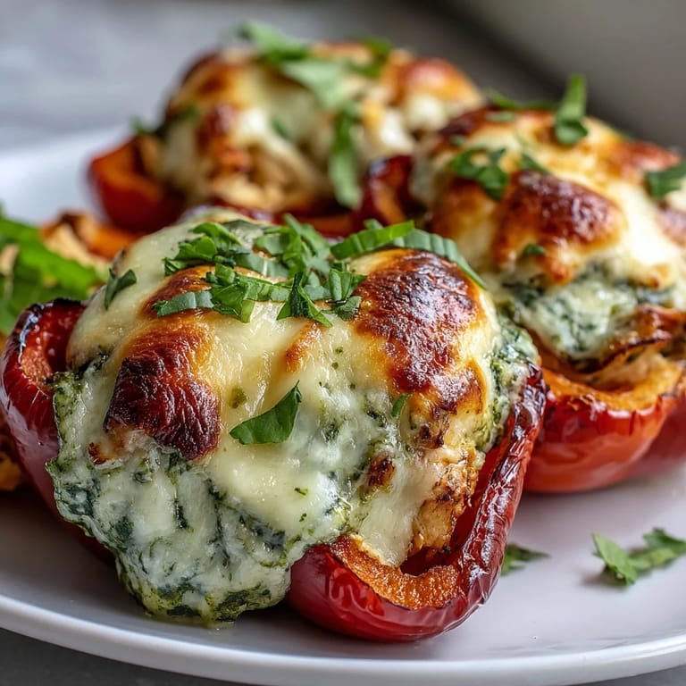 Tender mini sweet peppers overflowing with savory pesto chicken and gooey cheese, perfect for a party appetizer.