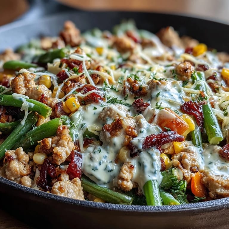 A hearty skillet of seasoned ground turkey and vegetables in tangy ranch cream sauce, ready to serve.