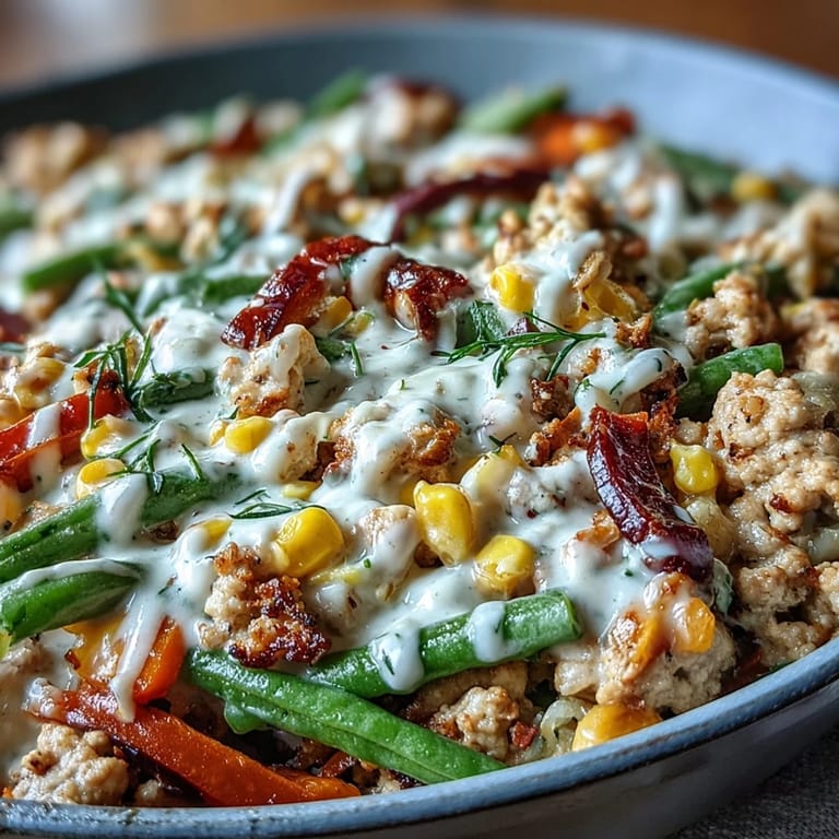 Golden, cheesy Creamy Ranch Turkey & Veggie Skillet garnished with parsley, paired with fluffy white rice.