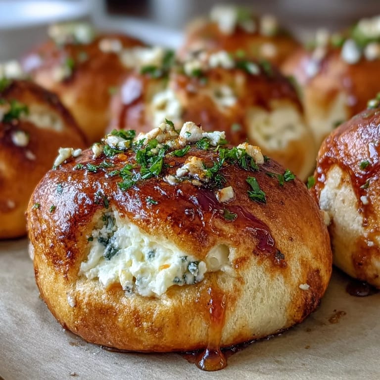 Creamy ricotta and spicy hot honey drizzle adorn these savory knots, served warm on a rustic wooden board.
