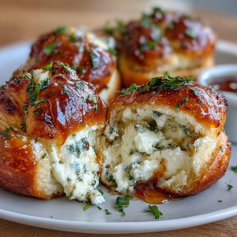 Freshly baked stuffed garlic knots glazed with sweet heat hot honey, perfect for an American-Italian appetizer spread.