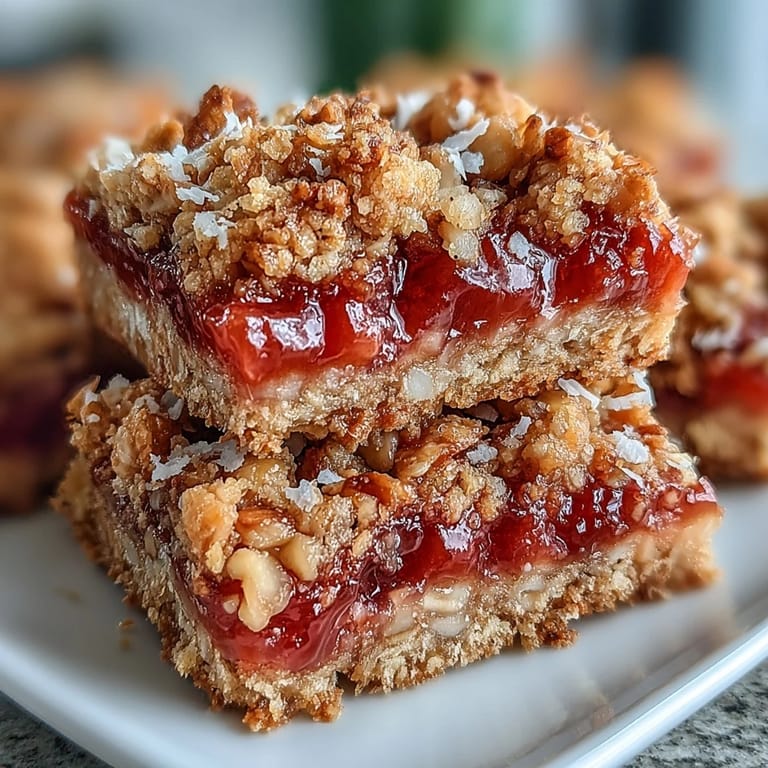Sweet guava jam bars layered with buttery oats, shredded coconut, and roasted macadamia nuts.