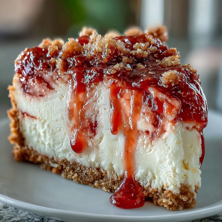 Silky guava cheesecake with a vibrant marbled swirl, served on a crisp, golden cookie base for a Latin-inspired treat.  