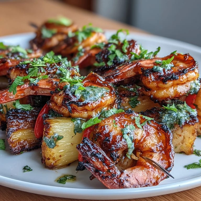 Vibrant grilled shrimp and pineapple skewers with cilantro lime, showcasing colorful bell peppers and red onion on skewers, served with fresh lime wedges.