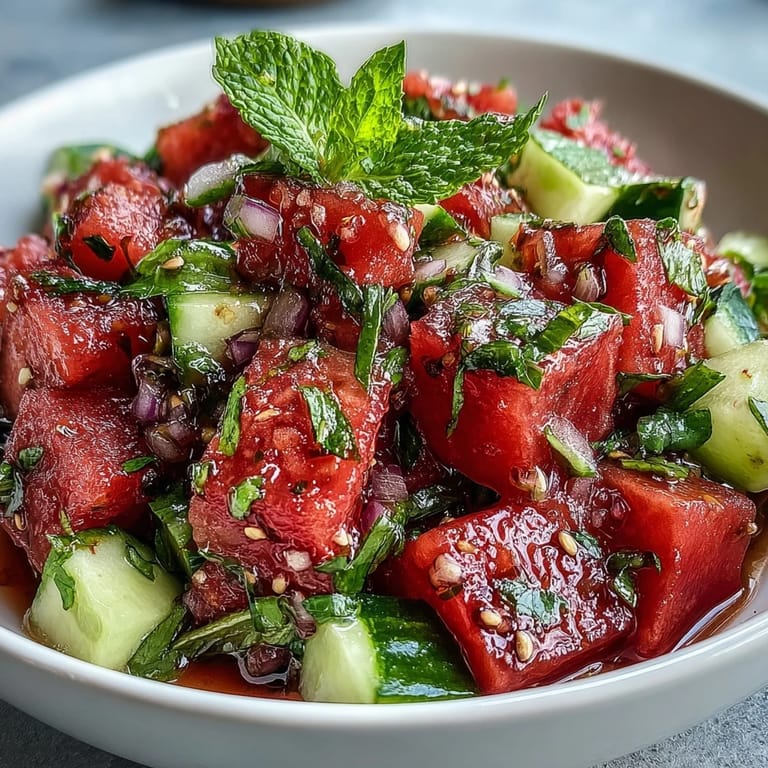 Refreshing watermelon cucumber mint salad featuring bright red watermelon, cool cucumber slices, and aromatic mint leaves for a perfect summer side dish.