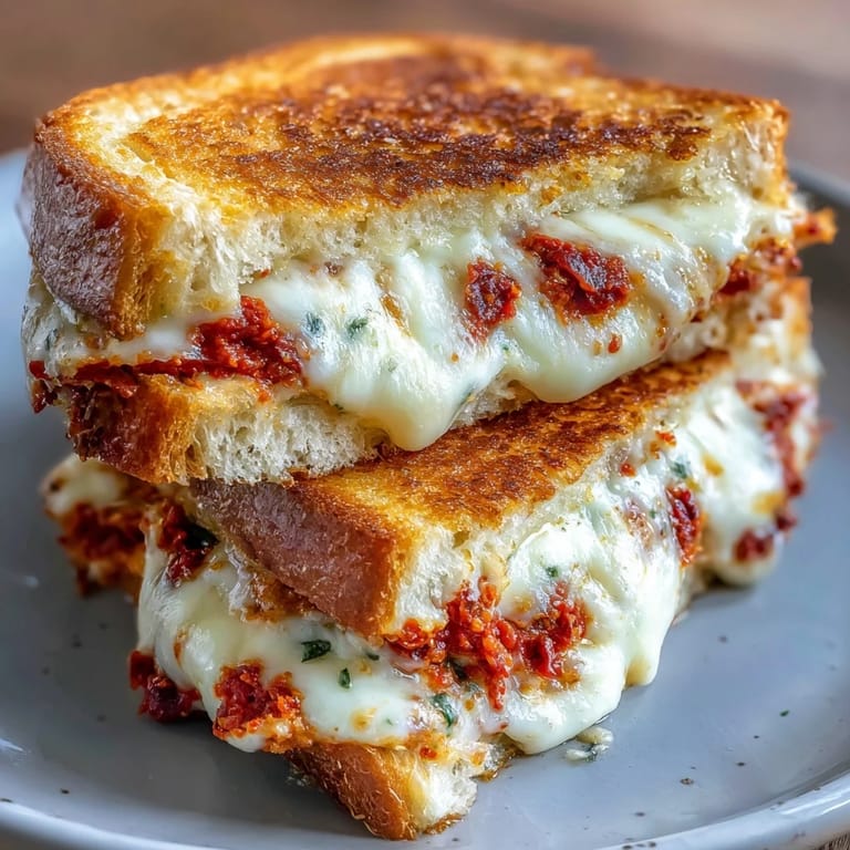 A warm grilled cheese sandwich filled with sun-dried tomato pesto and gooey mozzarella cheese.  