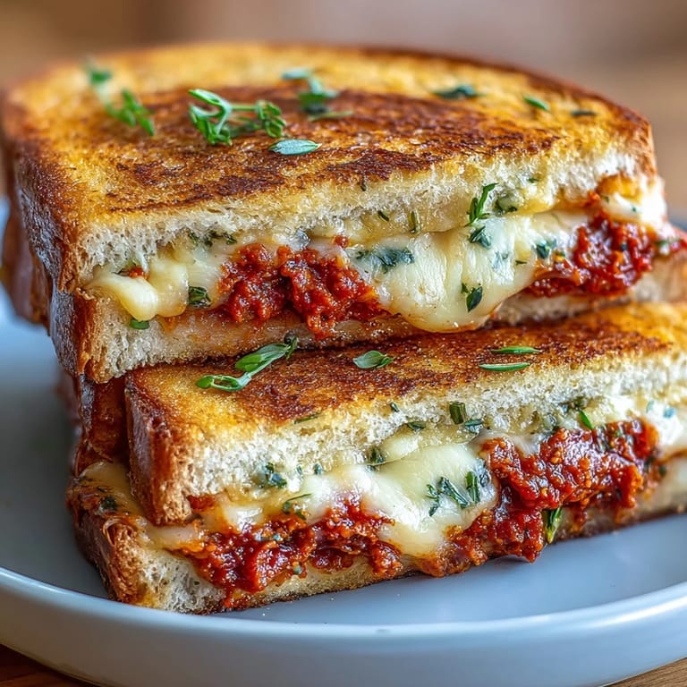 Savory Sun-Dried Tomato Pesto Grilled Cheese with melted cheese and crispy bread, perfect for lunch.