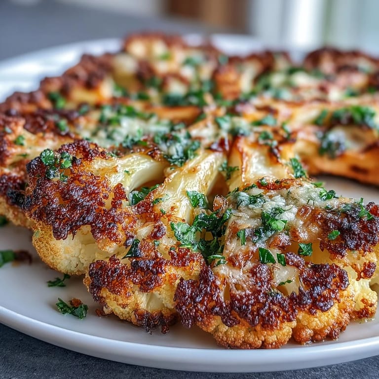 Oven-roasted cauliflower steaks drizzled with olive oil, sprinkled with garlic and Parmesan, offering a delicious gluten-free vegetarian option.