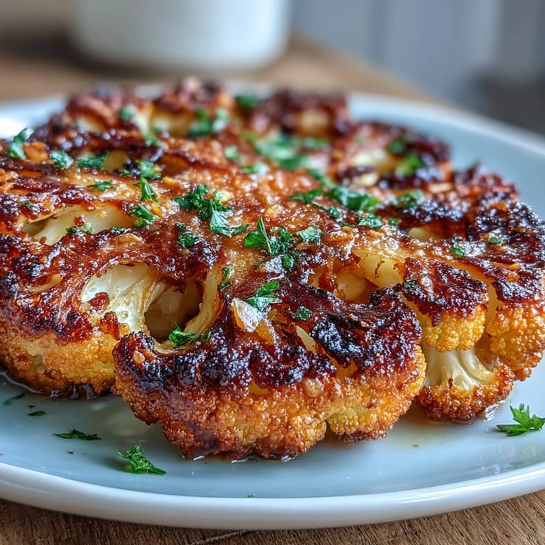 Savory cauliflower slices baked to perfection, topped with melted Parmesan and fragrant garlic for a keto-friendly side.  