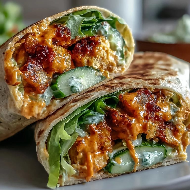 Colorful vegan buffalo chickpea salad wraps with crunchy celery, shredded carrots, and fresh lettuce, all wrapped for a satisfying plant-based meal.  