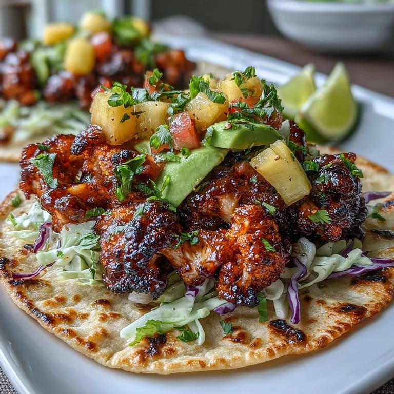 3. Plant-based tacos featuring smoky BBQ cauliflower, refreshing pineapple salsa, and creamy avocado for a flavorful vegan meal.